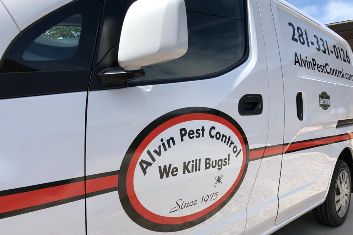 White Alvin Pest Control van with "We Kill Bugs!" slogan