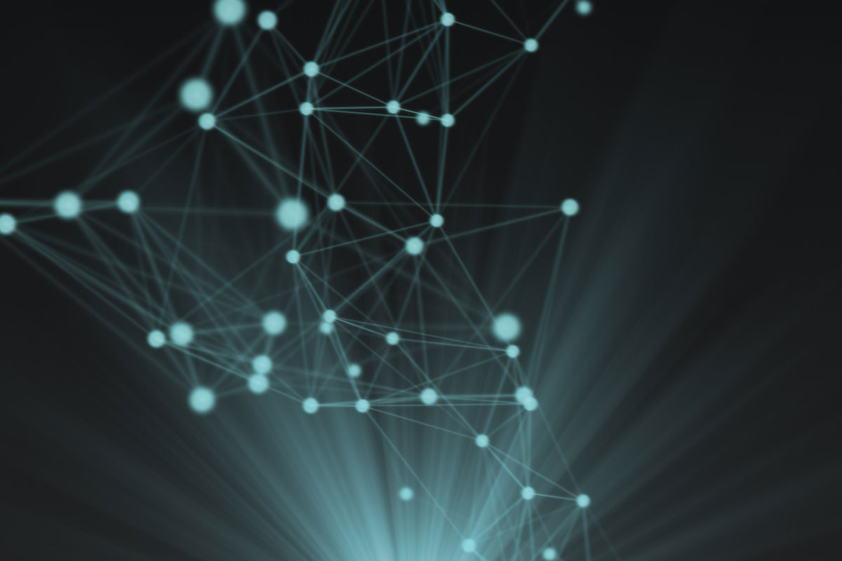 Interconnected network of glowing blue nodes and lines on dark background