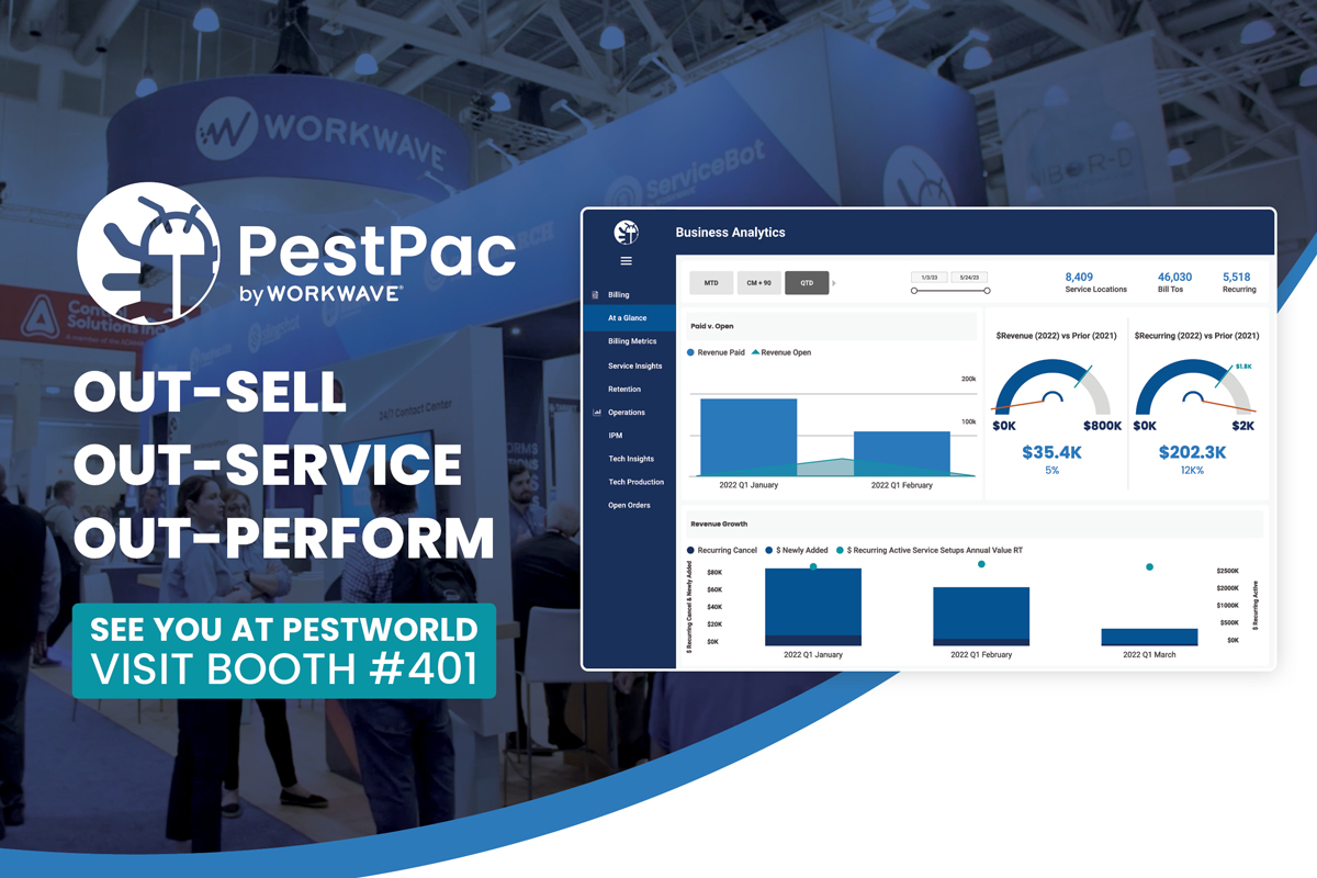 PestPac by Workwave booth display with business analytics dashboard