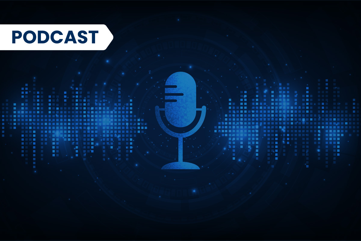 Blue podcast microphone with sound waves on digital background