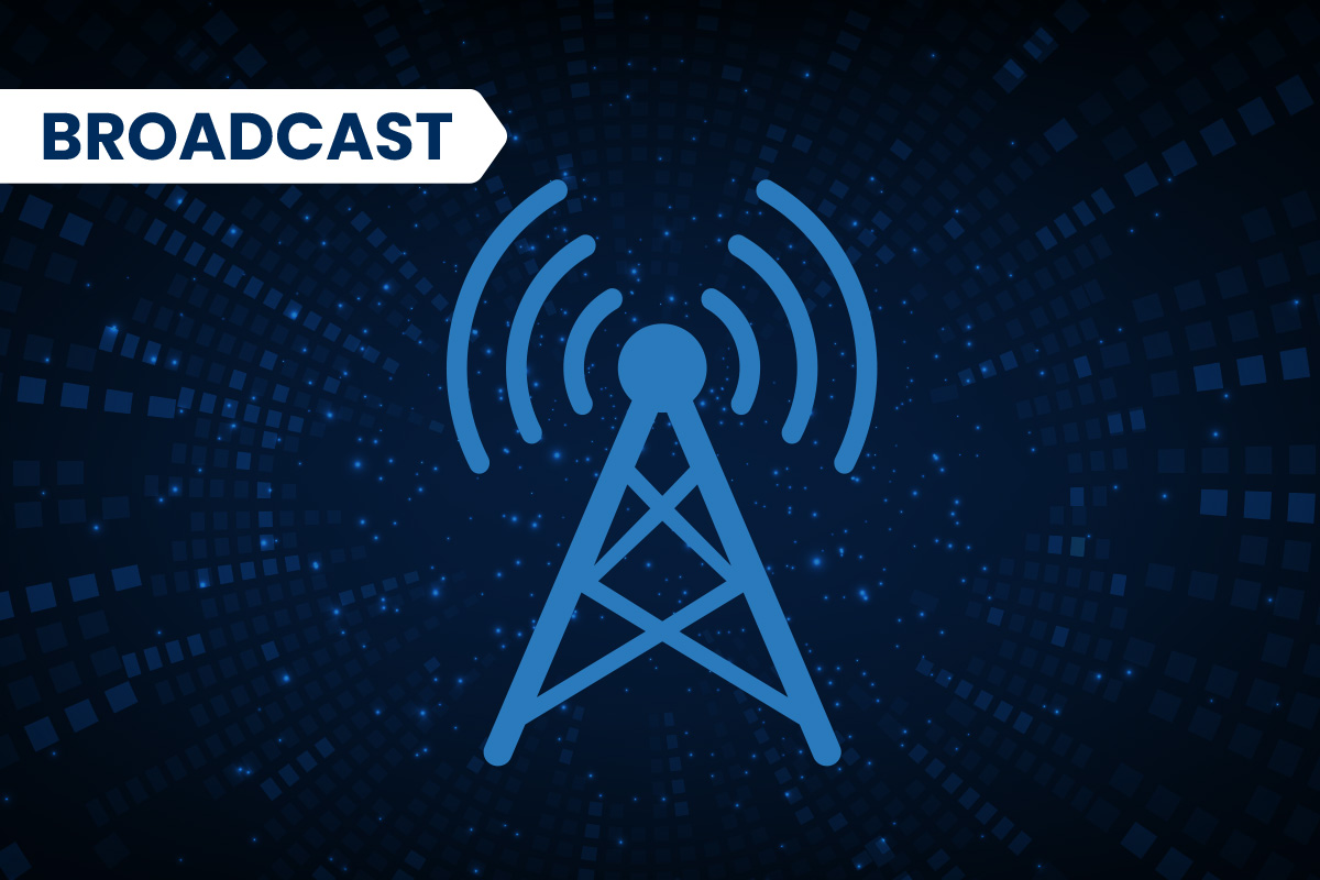 Broadcast tower icon with radio waves on blue digital background