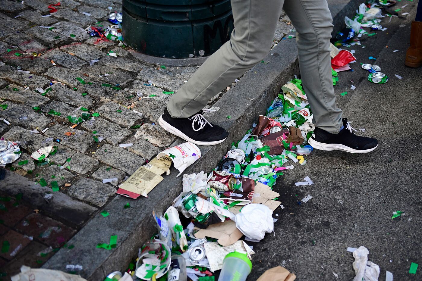 Trash on the street in Philadelphia after the Eagles' Super Bowl LII victory parade in 2018.