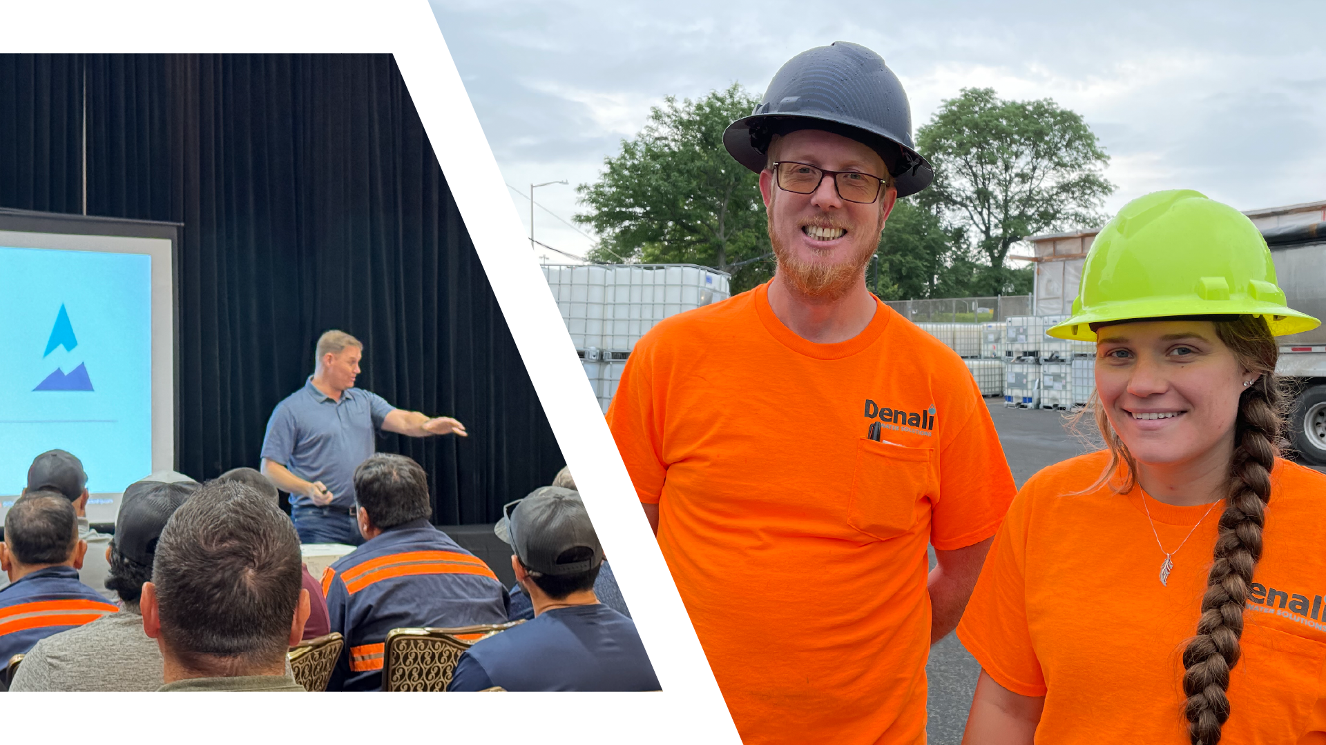 Image 1: employees seated inside at a training session. Image 2: Two smiling Denali employees, standing outside in hard hats. 