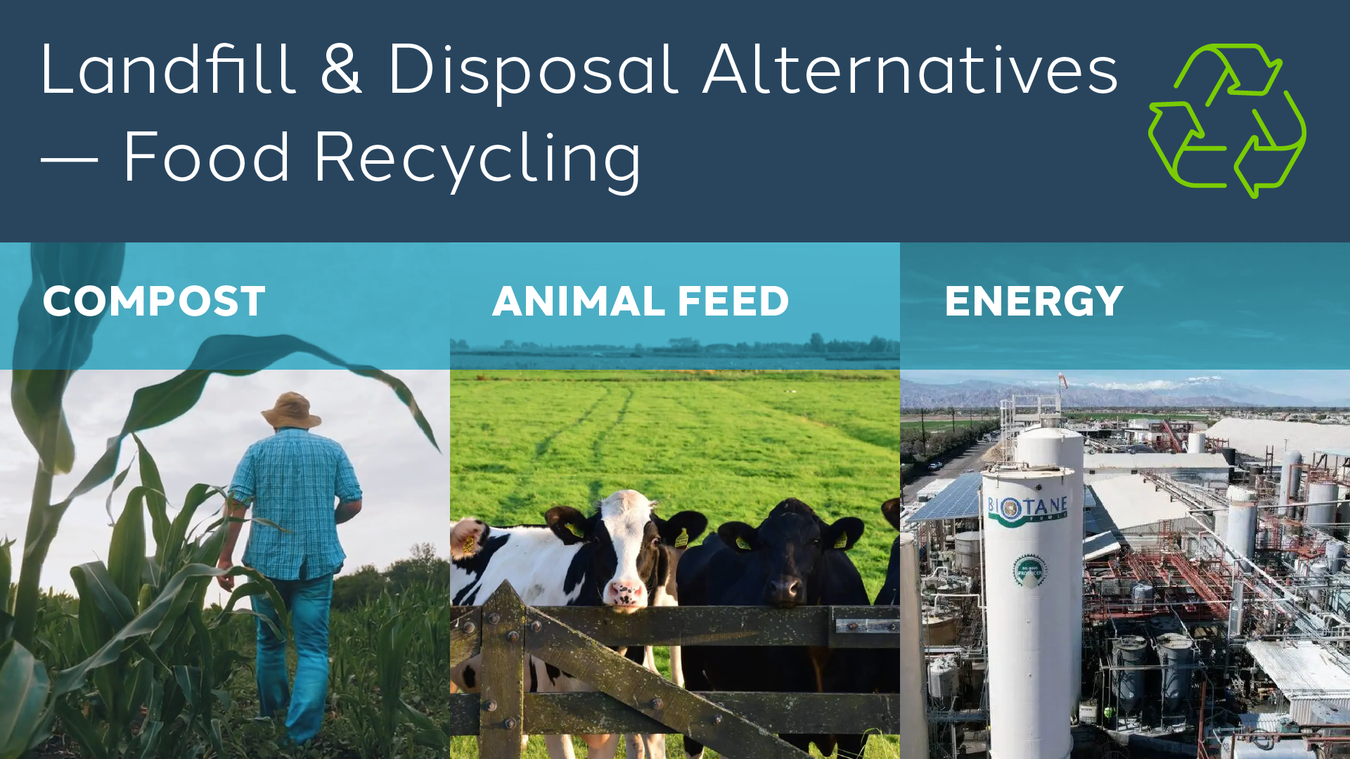 Images of a farmer walking through corn crops, cows in a field, and an energy plant. Text: Landfills and disposal alternatives - food recycling: Compost, animal feed, energy.