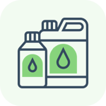 Icon of two detergent bottles with droplet symbols on a green rounded square background.