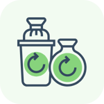 Icon of two recycling containers with circular arrows on a green rounded square background.