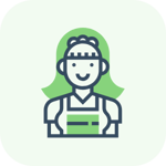 Illustration of a smiling female worker wearing an apron and a hairband on a green rounded square background.