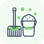 Icon of a mop and a bucket filled with soapy water on a green rounded square background.