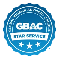 Blue circular badge for Global Biorisk Advisory Council with text 'GBAC STAR SERVICE' and three white stars at the bottom.