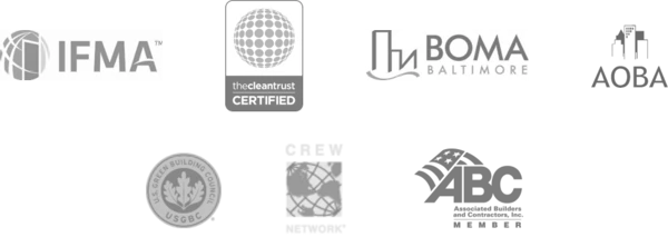 Row of five organizational logos including IFMA, The Clean Trust Certified, BOMA Baltimore, US Green Building Council, and one unclear logo.