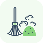 Illustration of a smiling female worker wearing an apron and a hairband on a green rounded square background.