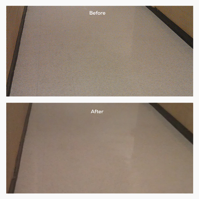 Side-by-side comparison of a floor before and after cleaning, showing a dull, scuffed floor above and the same floor looking clean and shiny below.