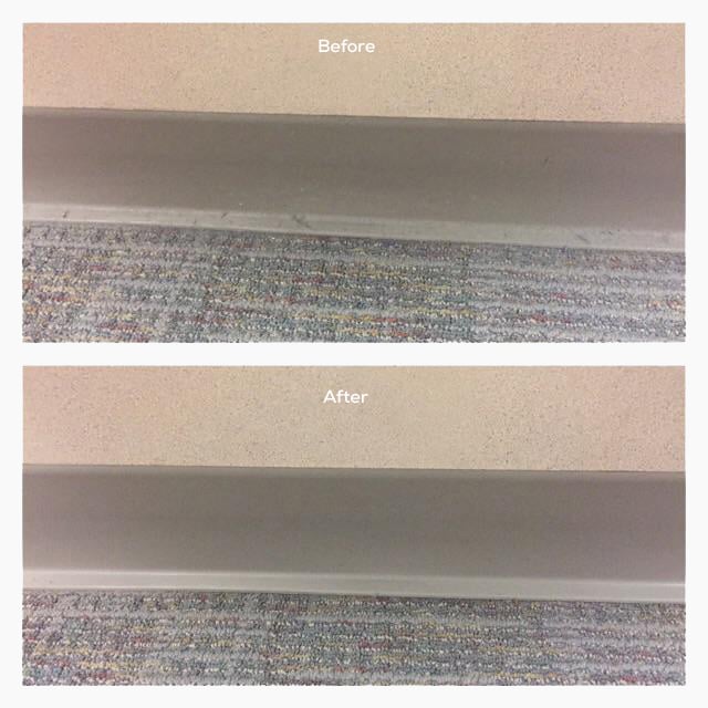 Comparison of a baseboard and carpet with 'Before' showing scuff marks on the baseboard and 'After' showing the baseboard clean and scuff-free.