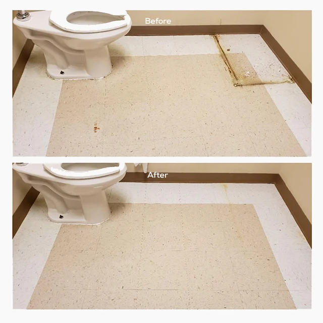 Before and after comparison of a bathroom floor next to a toilet, showing removal of rust stains and dirt.