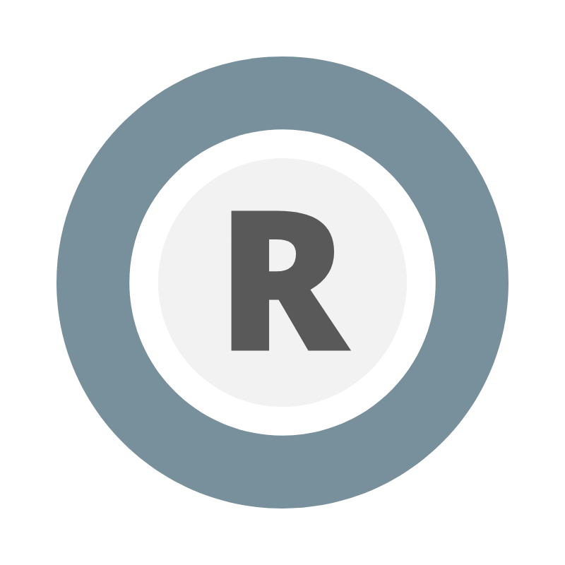 Capital letter R in dark gray inside a light gray circle, surrounded by a blue-gray circular border.