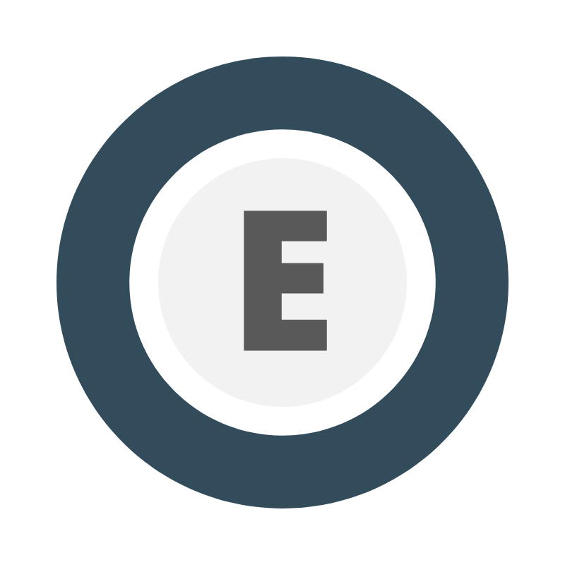 Capital letter E centered within a white circle and a dark blue outer circle.