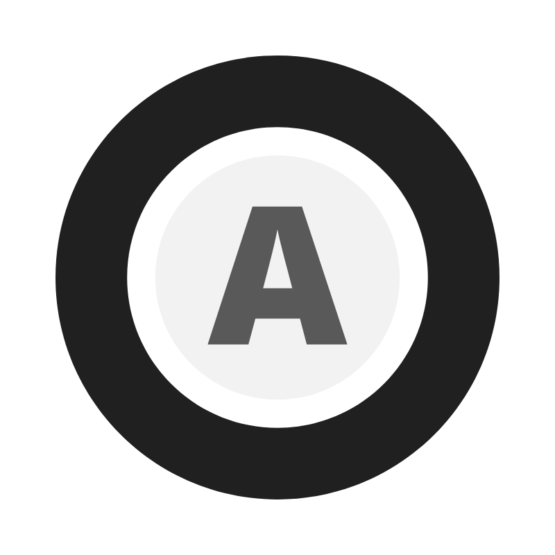 Gray letter A in a white circle with a thick black outer ring.