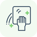 Illustration of a smiling female worker wearing an apron and a hairband on a green rounded square background.