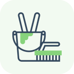 Icon of two detergent bottles with droplet symbols on a green rounded square background.