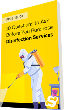 Illustration of a person in protective gear spraying disinfectant with cleaning tools in the background and text reading 'Free Ebook 10 Questions to Ask Before You Purchase Disinfection Services' on a yellow background.