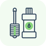 Icon of a mop and a bucket filled with soapy water on a green rounded square background.