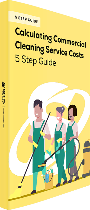 Yellow 3D book cover titled 'Calculating Commercial Cleaning Service Costs 5 Step Guide' featuring illustrations of three janitors in green uniforms holding cleaning tools.