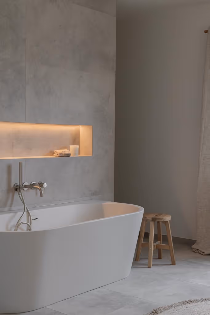 Luxe badkamerrenovatie met back-to-wall bad, inbouwnis, en tegels uit natuursteen.