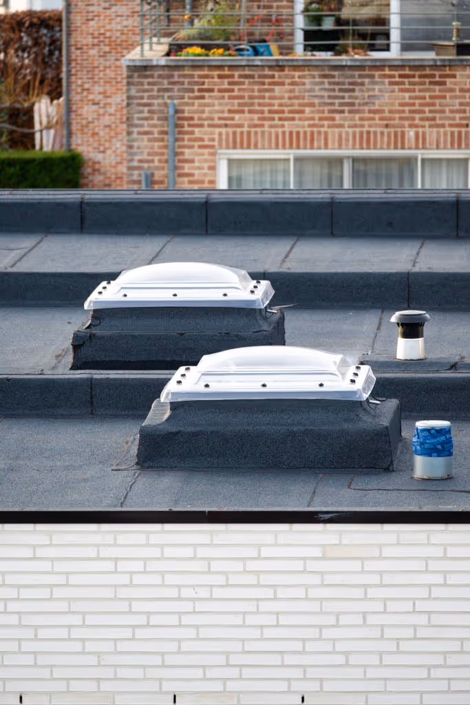 Foto van ingewerkte koepels op een plat dak.