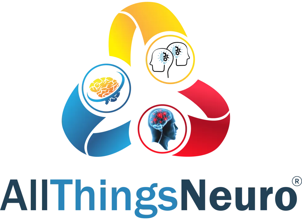 AllThingsNeuro logo with three interconnected swoosh shapes in yellow, blue, and red, each containing icons of a nerve cell, a brain illustration, and a head profile with brain activity.