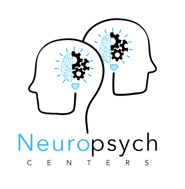Logo with two blue brain icons in light bulbs and text Neuro Psych Centers.