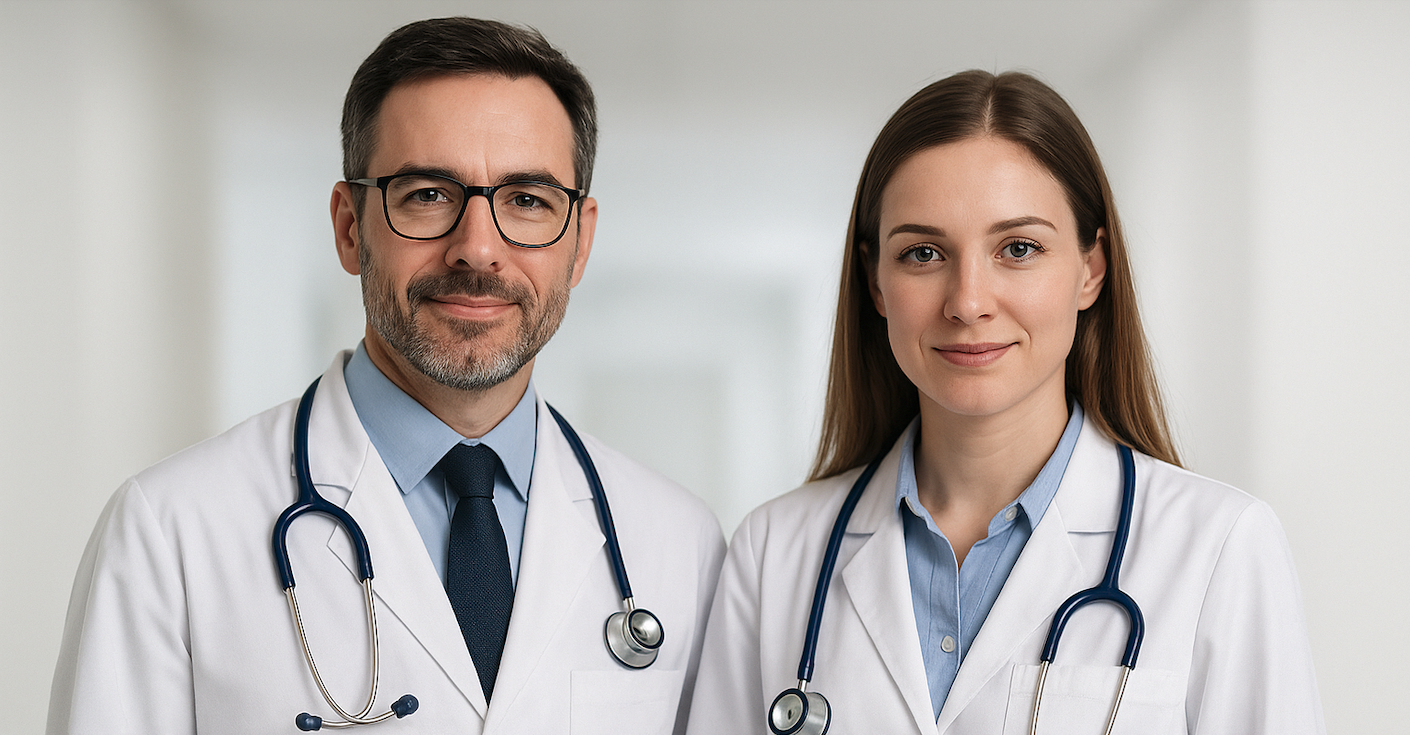 Portrait of a male and female doctor smiling, both wearing white coats and stethoscopes.