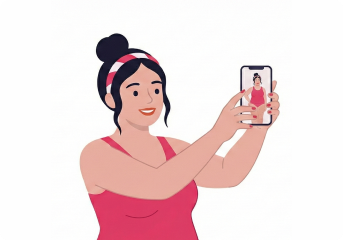 Woman in red tank top taking a selfie with a smartphone.