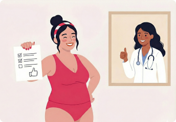 Smiling woman in red swimsuit holding checklist with thumbs-up, next to a doctor giving a thumbs-up in a framed window.