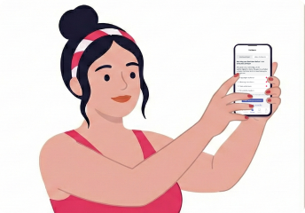 Illustration of a woman with a headband holding a smartphone displaying a questionnaire screen.