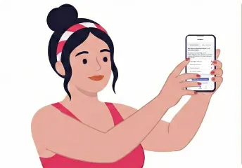 Illustration of a woman with a headband holding a smartphone displaying a questionnaire screen.