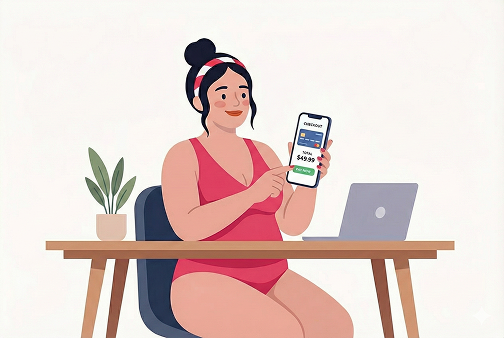 Frau in rotem Badeanzug sitzt am Tisch mit Laptop und zeigt auf ein Smartphone mit einer Zahlungsbestätigung.