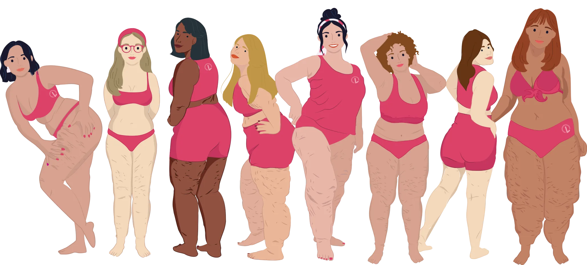Illustration von acht Frauen unterschiedlicher Körpertypen in rosa Unterwäsche, die Selbstakzeptanz und Vielfalt feiern.