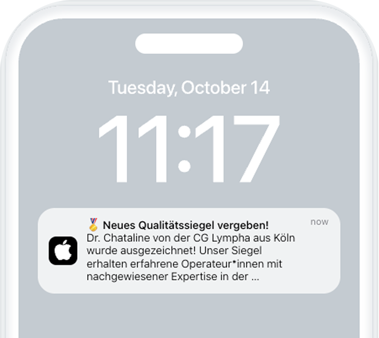 Smartphone-Bildschirm mit einer Push-Benachrichtigung von Apple über ein neues Qualitätssiegel für Dr. Chataline von der CG Lympha aus Köln.