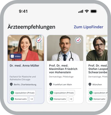 Ärzteprofilkarten mit Fotos und Qualifikationen der Fachärzte für Plastische und Ästhetische Chirurgie sowie Dermatologie und Phlebologie aus Berlin, Frankfurt am Main und München.