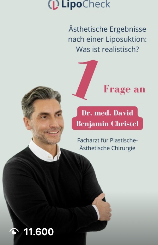 Porträt von Dr. med. David Benjamin Christel, Facharzt für Plastische-Ästhetische Chirurgie, mit verschränkten Armen und halb lächelnd, daneben der Text zu ästhetischen Ergebnissen nach einer Liposuktion.