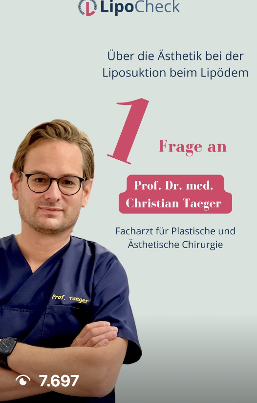 Porträt von Prof. Dr. med. Christian Taeger in blauer medizinischer Kleidung mit verschränkten Armen, Experte für Plastische und Ästhetische Chirurgie, daneben Text über Ästhetik bei Liposuktion und Lipödem.