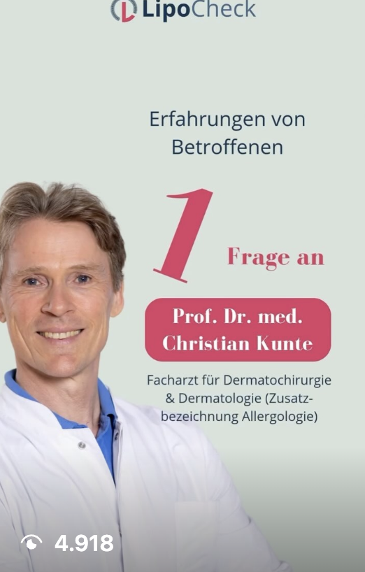 Porträt von Prof. Dr. med. Christian Kunte, Facharzt für Dermatochirurgie und Dermatologie, neben Text über Erfahrungen von Betroffenen und einer Frage.