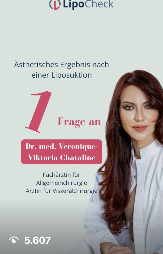 Porträt einer Ärztin mit langen roten Haaren, Dr. med. Véronique-Viktoria Chataline, Fachärztin für Allgemeinchirurgie und Viszeralchirurgie, vor hellgrauem Hintergrund mit Text über ästhetische Ergebnisse nach Liposuktion.