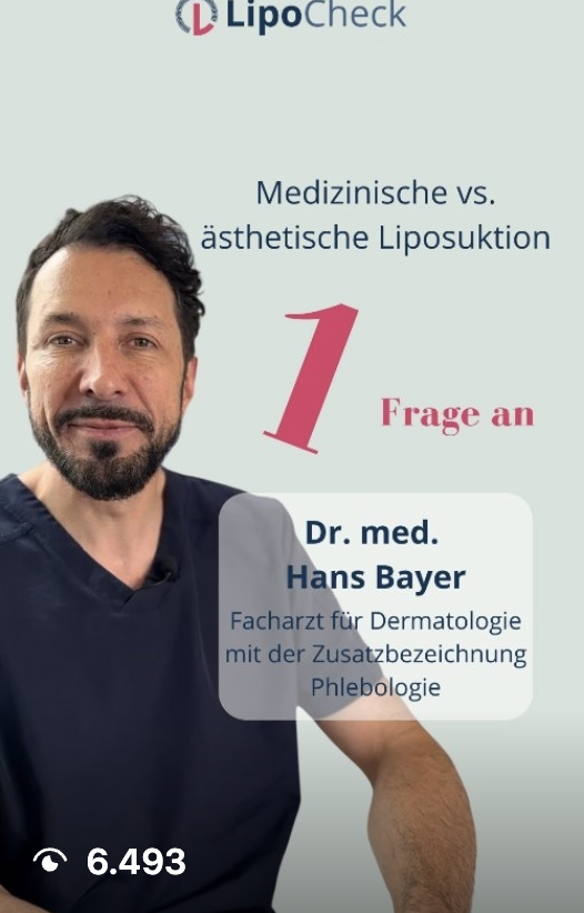 Porträt von Dr. med. Hans Bayer, Facharzt für Dermatologie mit Zusatzbezeichnung Phlebologie, neben Text 'Medizinische vs. ästhetische Liposuktion, 1 Frage an'.