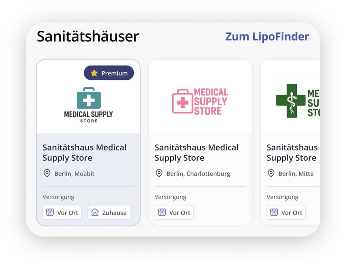 Drei Sanitätshäuser Medical Supply Store mit Standorten in Berlin-Moabit, Berlin-Charlottenburg und Berlin-Mitte, mit Optionen für Versorgung vor Ort oder Zuhause.