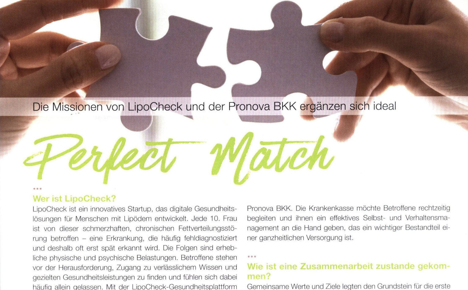 Zwei Hände, die jeweils ein Puzzlestück halten und diese zusammenfügen, mit dem Text "Die Missionen von LipoCheck und der Pronova BKK ergänzen sich ideal Perfect Match".
