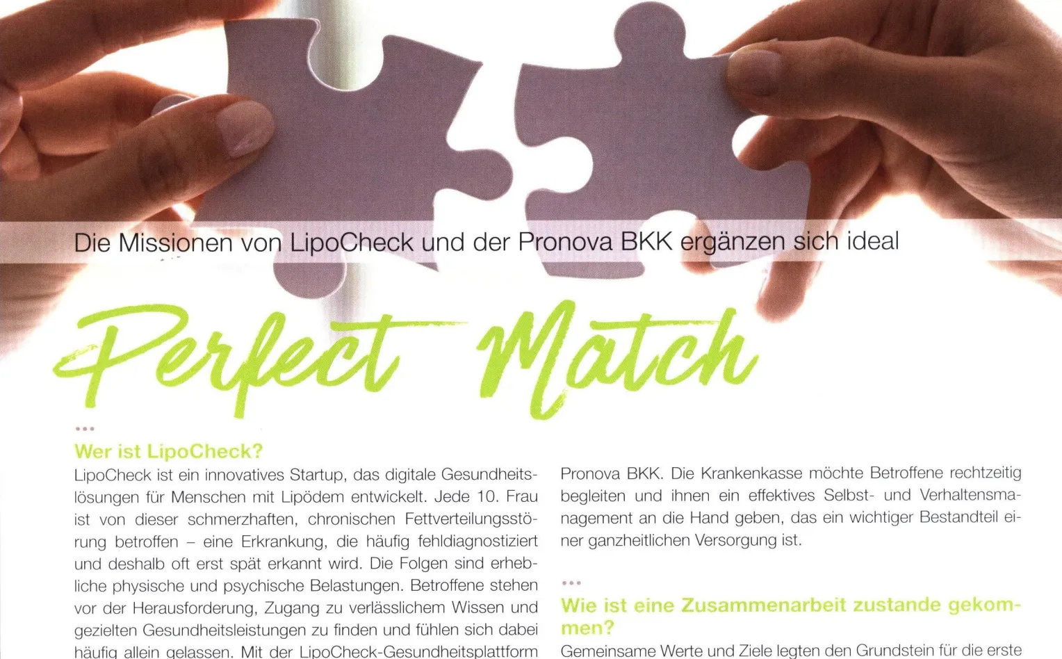 Zwei Hände, die jeweils ein Puzzlestück halten und diese zusammenfügen, mit dem Text "Die Missionen von LipoCheck und der Pronova BKK ergänzen sich ideal Perfect Match".