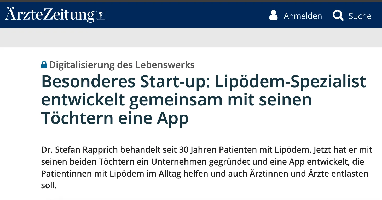 Artikelüberschrift: Besonderes Start-up: Lipödem-Spezialist entwickelt gemeinsam mit seinen Töchtern eine App zur Unterstützung von Patientinnen und Ärzten.