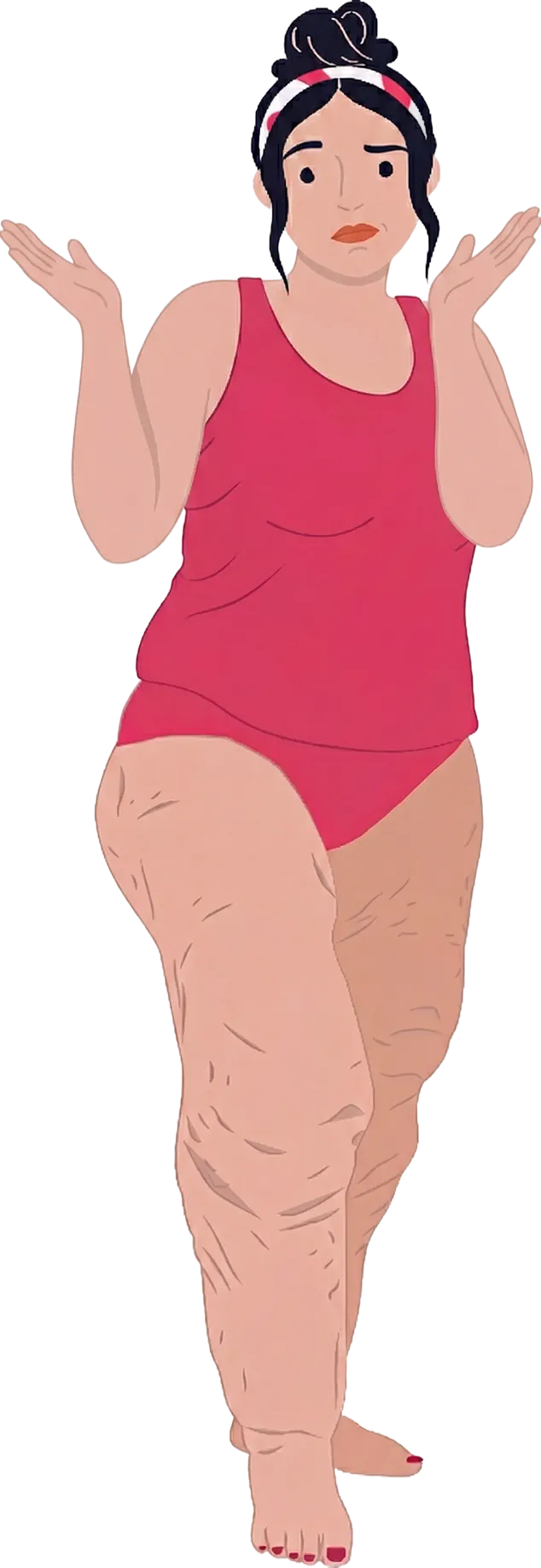 Frau mit rotem Tanktop und Unterwäsche, hebt die Schultern und zeigt eine fragende oder ratlose Gestik.