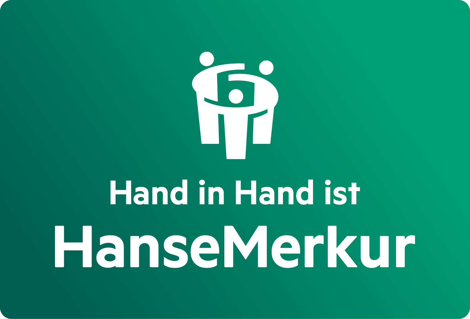 Weißes Symbol von drei stilisierten Menschen, die sich an den Händen halten, über dem Text ‚Hand in Hand ist HanseMerkur‘ auf grünem Hintergrund.
